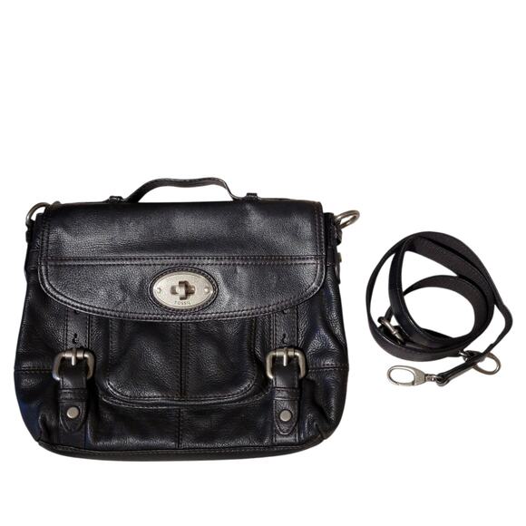Fossil Black Leather Crossbody Satchel Bag Turnlock Buckle Flap Adjustable Strap - Picture 1 of 16